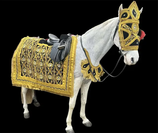 White wedding horse in a gold lattice costume