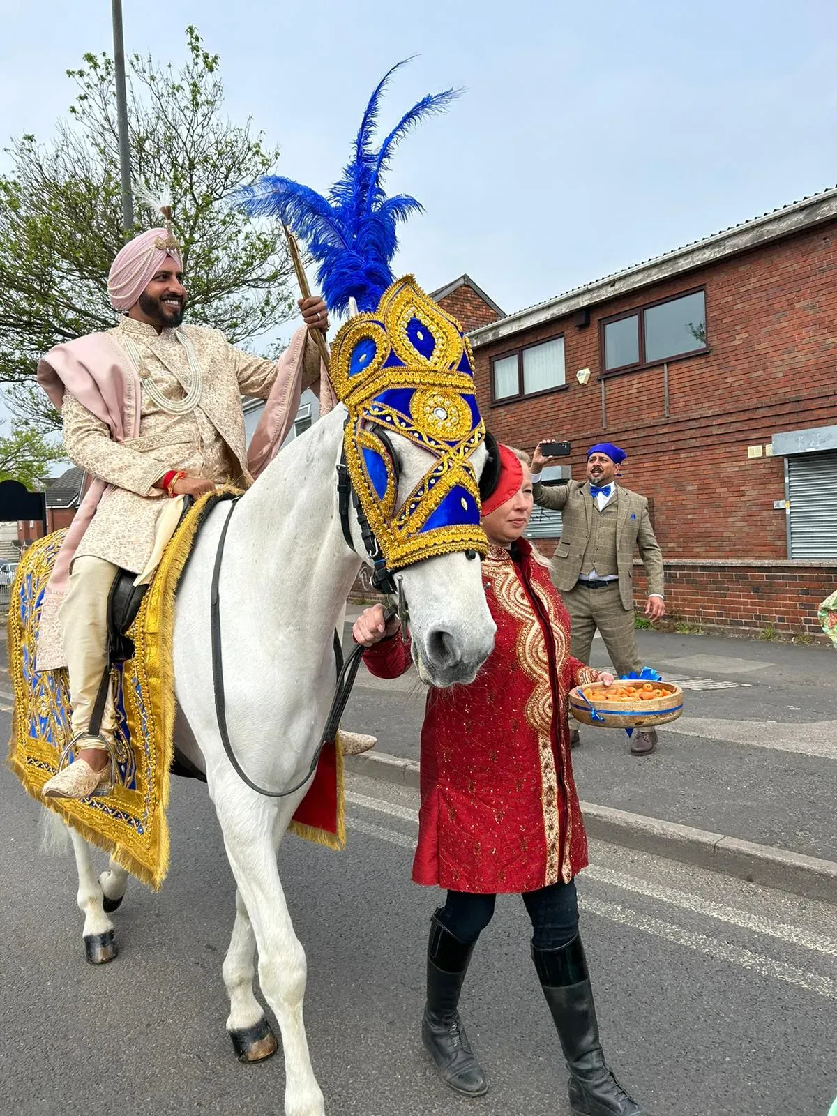 Groom in a pink turban riding a white horse in blue and gold
