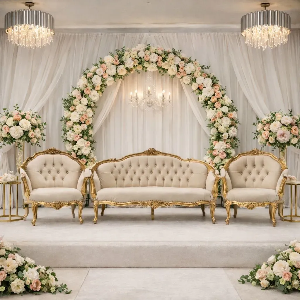 White floral arch with gold sofas