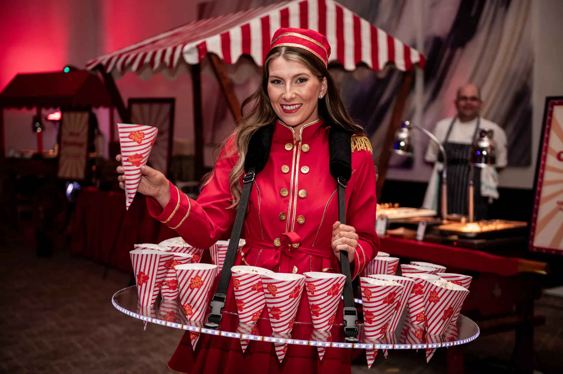 Popcorn hostess LED champagne table: champagne walkers, circus showman theme