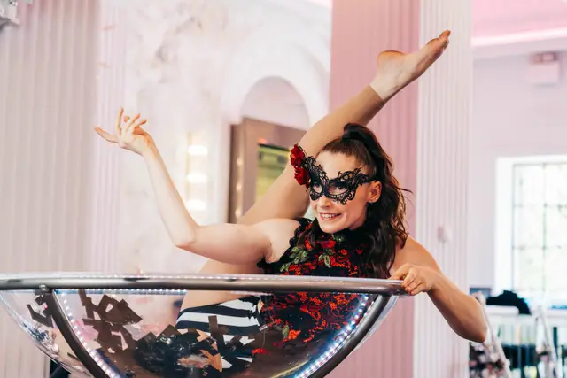 Masquerade black and red martini corporate: giant martini glass, venetian masquerade theme