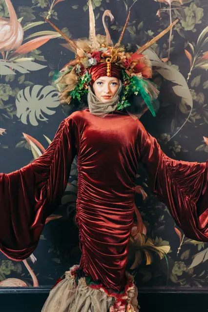Floral venetian summer red burgundy leaf NO MASK: living statues, enchanted garden theme