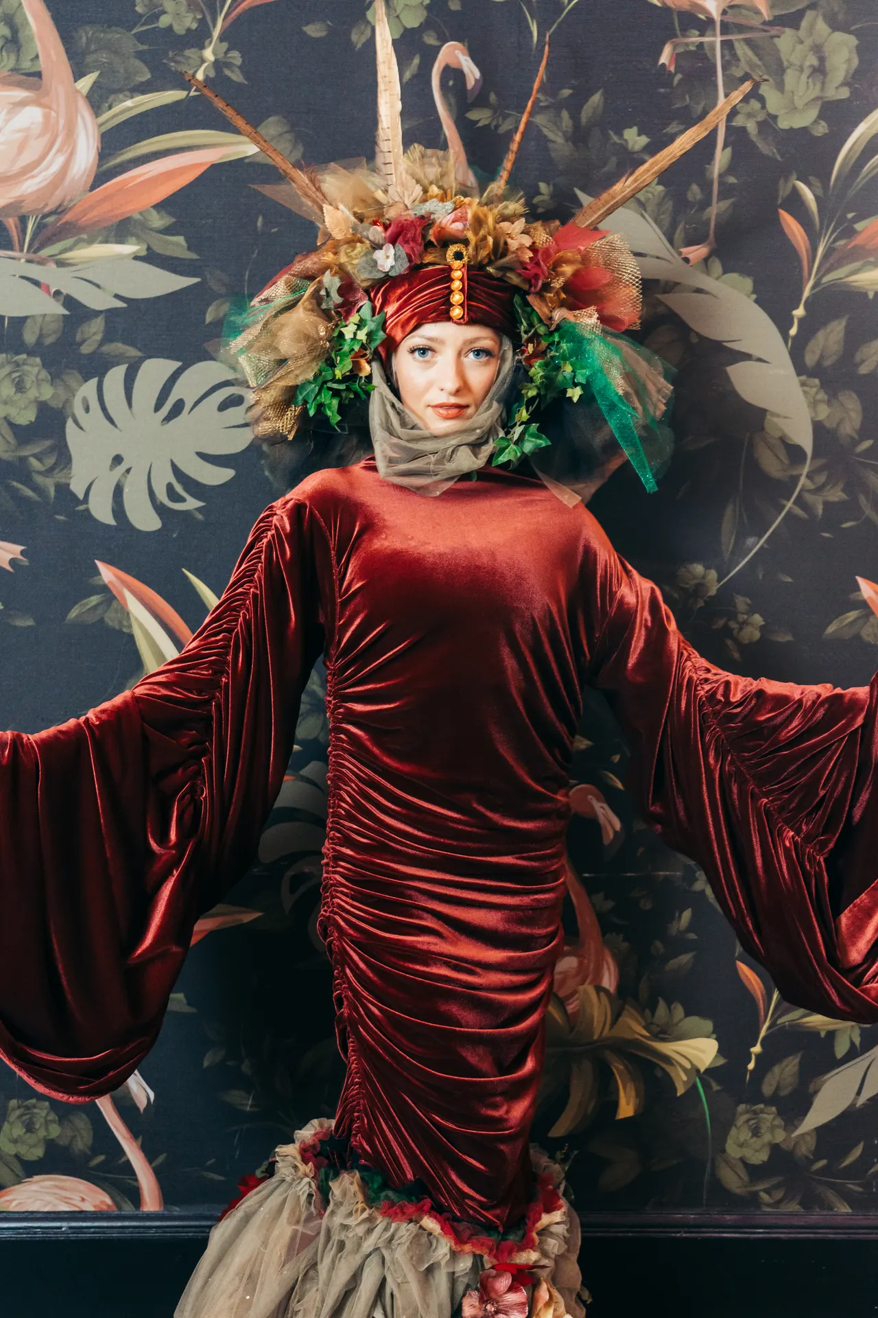 Floral venetian summer red burgundy leaf NO MASK: living statues, enchanted garden theme