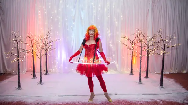 Fire and ice red orange white snow winter table stilts frame host options: champagne walkers, winter wonderland theme