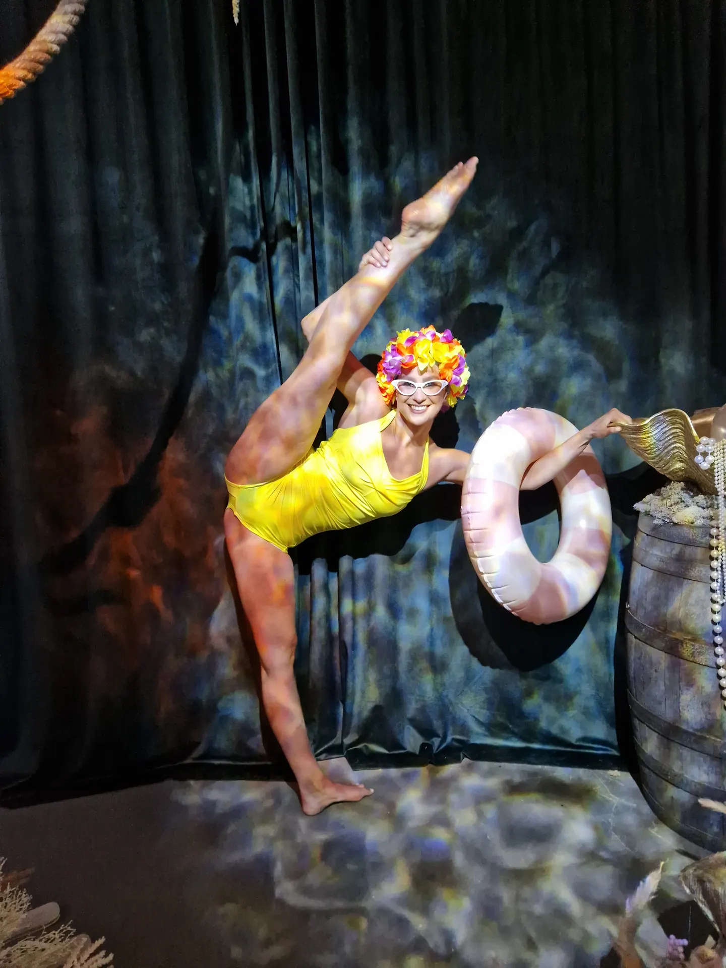 Retro 1950s swimmer with cap and rubber ring: themed dancers, under the sea theme